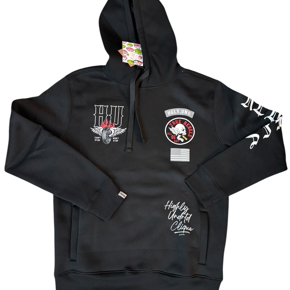 Black Hoodie Sweatshirt with Decorative Patches